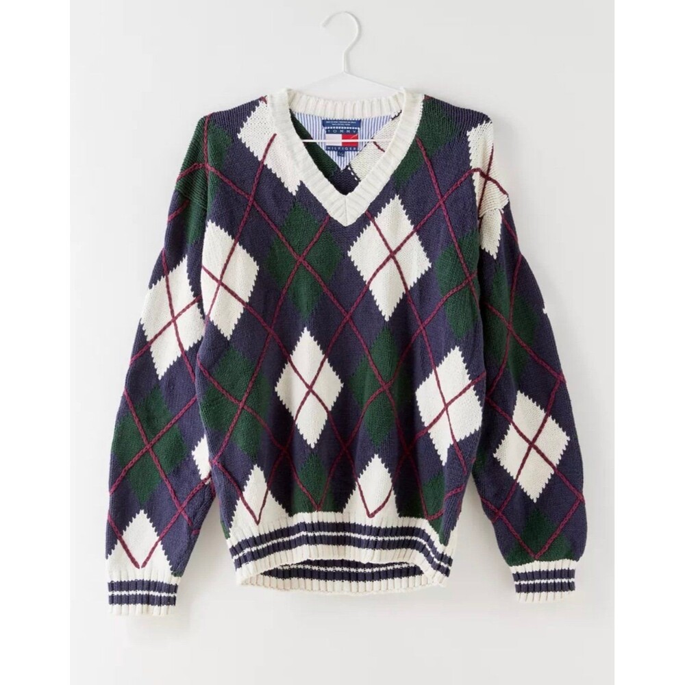 Vintage Tommy Hilfiger Argyle Heavyweight Cotton Knitted Sweater Size XL